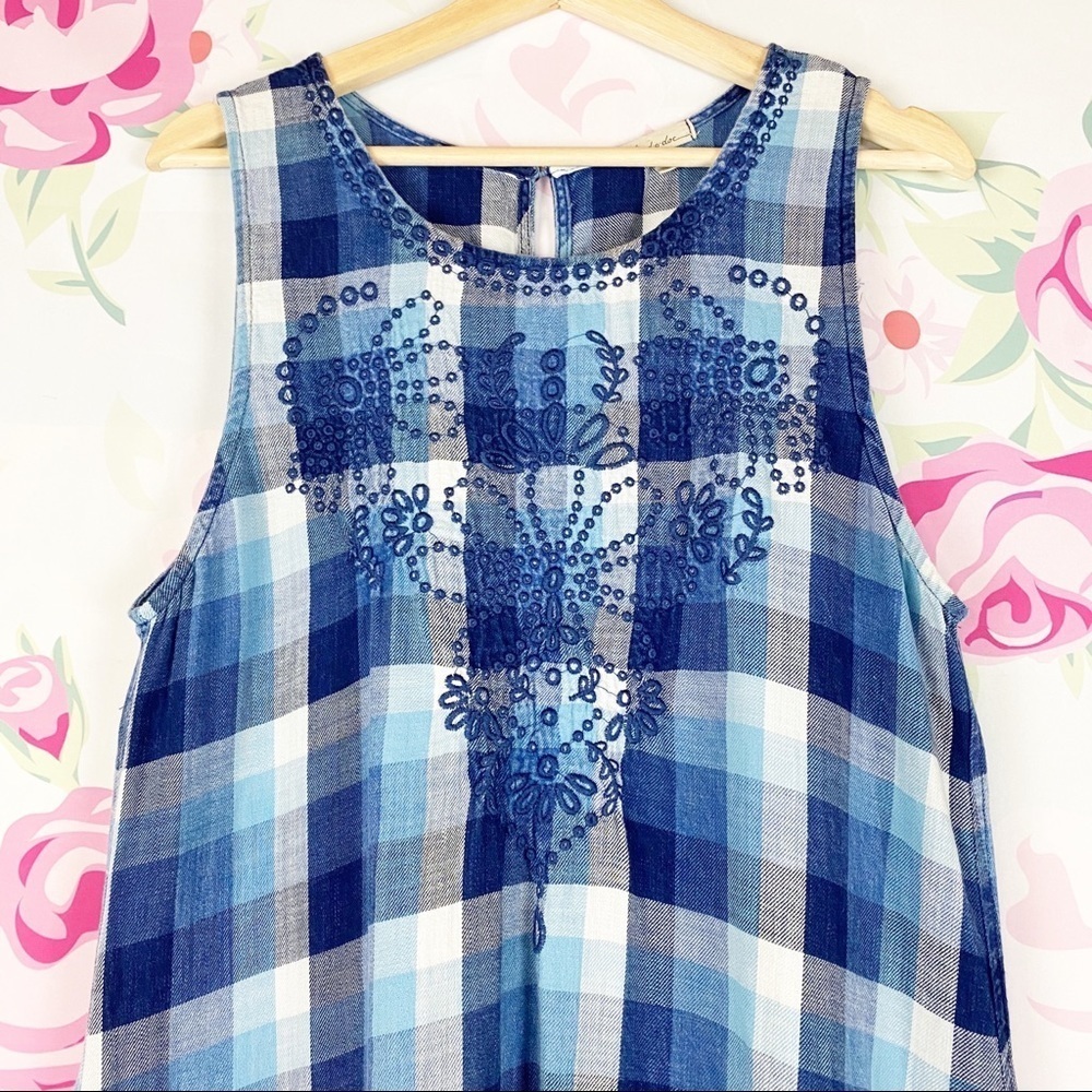 Mod-o-doc Retro Blue Embroidered Plaid Blue Tunic Mini Sleeveless Dress S - Picture 2 of 8
